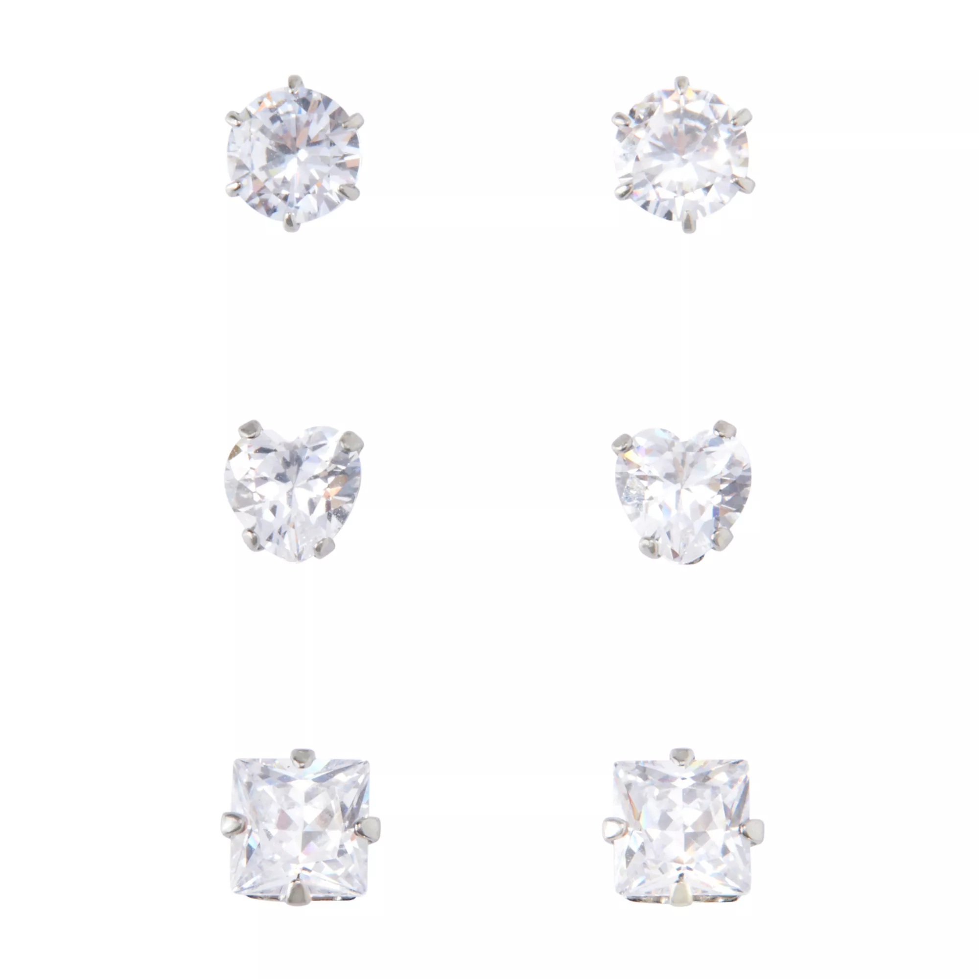 Multi-Pack CZ Round Heart and Square Stud Earrings 3 Pair - 20 Gauge at Spirit Halloween