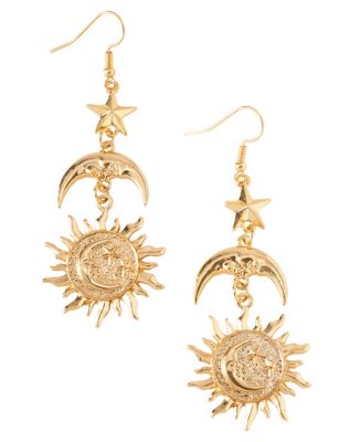 Goldtone Celestial Sun Star and Moon Dangle Earrings