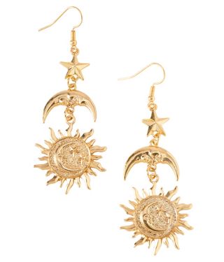 Goldtone Celestial Sun Star and Moon Dangle Earrings