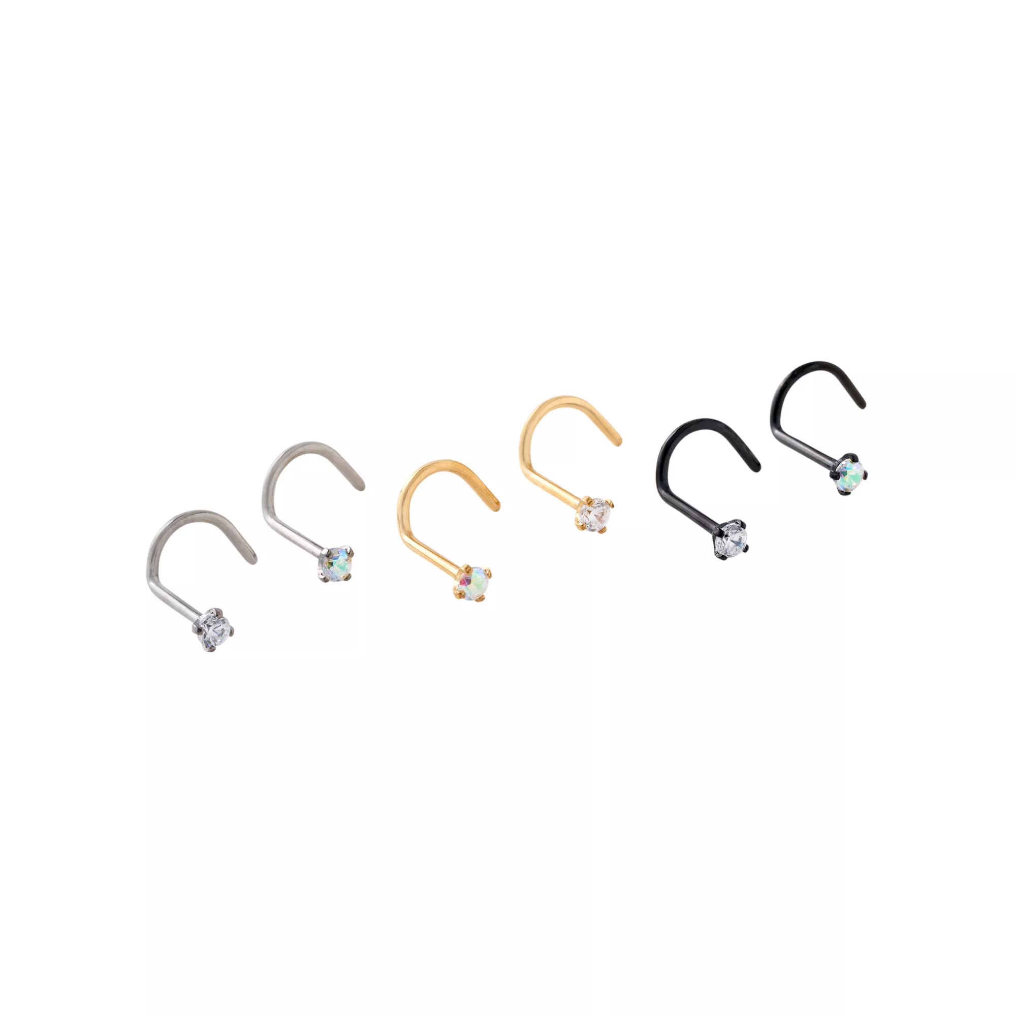 Multi-Pack CZ Multi-Color Plated Titanium Screw Nose Rings - 6 Pack at Spencer's