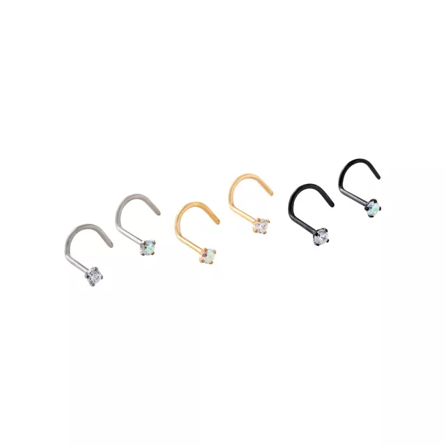Multi-Pack Titanium CZ Silvertone Goldtone and Black Screw Nose Rings 6 Pack - 20 Gauge at Spencer's