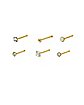 Multi-Pack Clear Stone and Goldtone Nose Pins 6 Pack - 20 Gauge