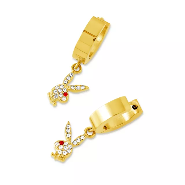 Playboy Bunny Goldtone Clear and Red Gem Huggie Hoop Dangle Earrings at Spencer's