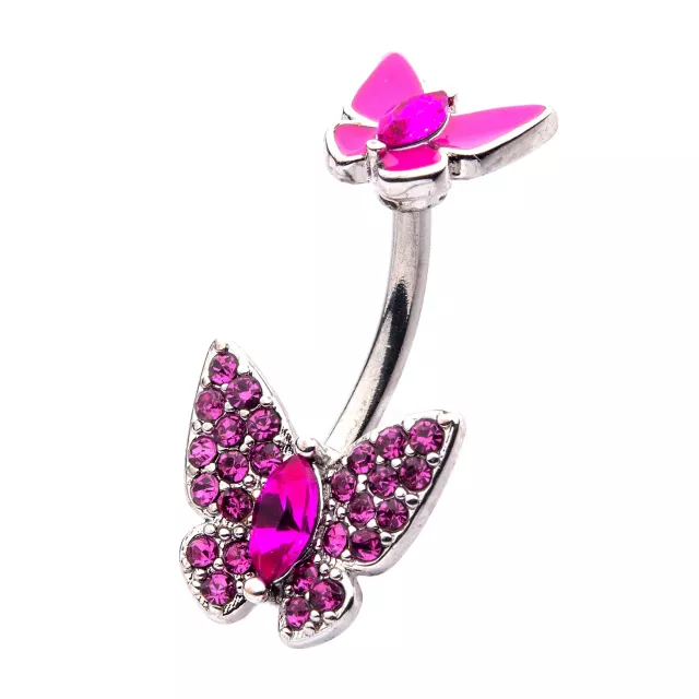 CZ Pink Butterfly Belly Ring - 14 Gauge