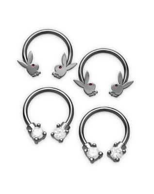 Multi-Pack CZ Black Playboy Bunny Horseshoe Rings 4 Pack - 16 Gauge