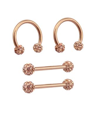 Multi-Pack Rose Goldtone Pave Nipple Barbells and Horseshoe Rings 2 Pair - 14 Gauge