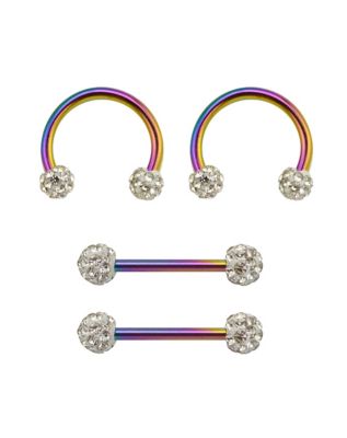 Multi-Pack CZ Oil Slick Nipple Barbells and Horseshoe Rings 2 Pair - 14 Gauge
