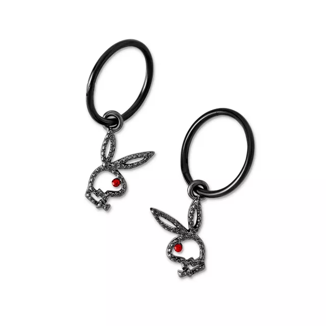 CZ Black Playboy Cutout Hoop Dangle Earrings at Spencer's