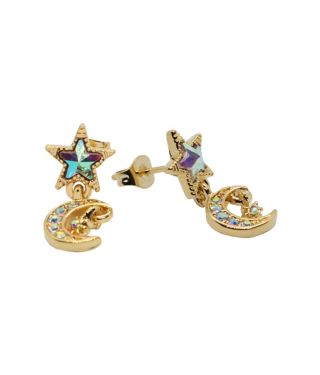 CZ Star and Crescent Moon Dangle Earrings - 20 Gauge
