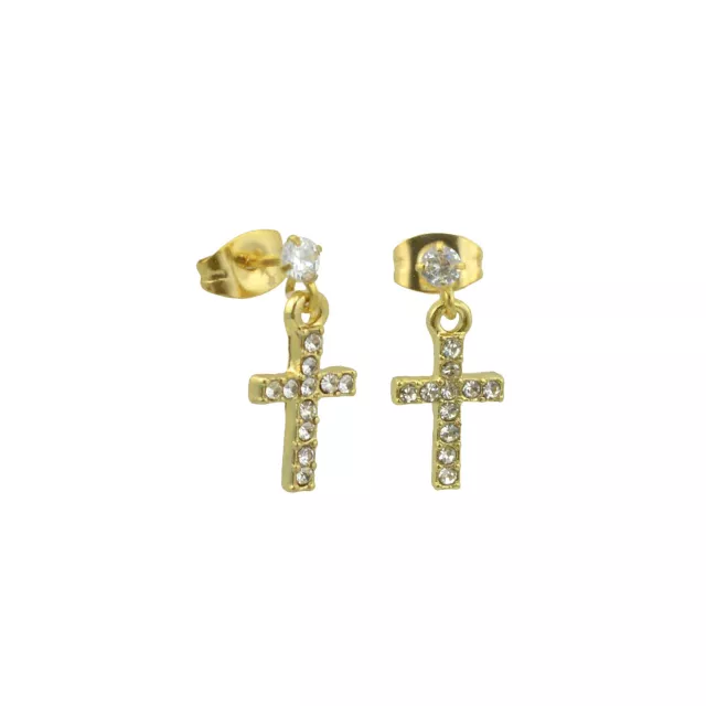 CZ Cluster Goldtone Cross Dangle Earrings - 20 Gauge at Spencer's