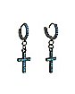 CZ Aqua Cross Huggie Hoop Dangle Earrings - 18 Gauge