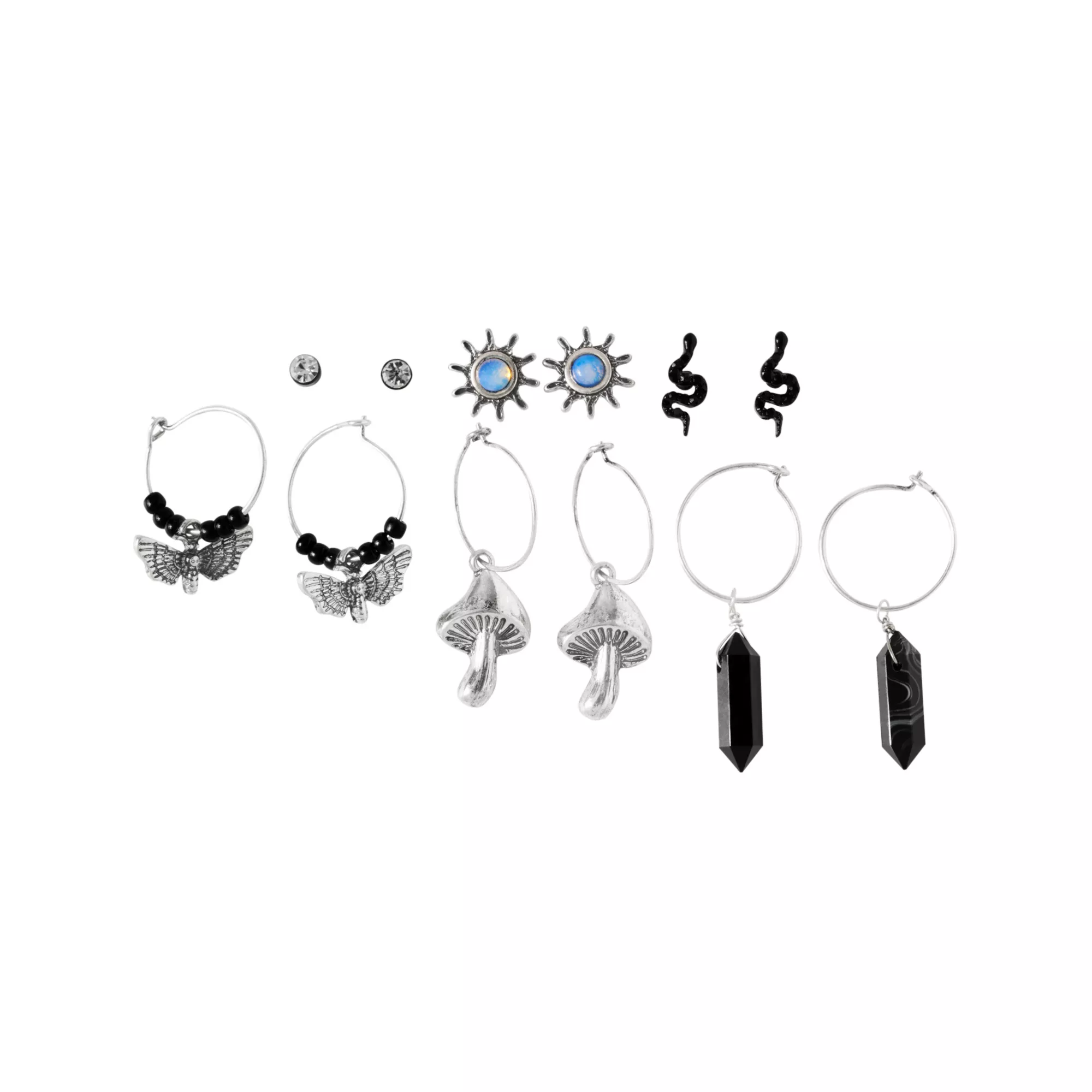 Multi Pack Mushroom Moth Crystal Sun Hoop Dangle and Stud Earrings - 6 Pair at Spencer's