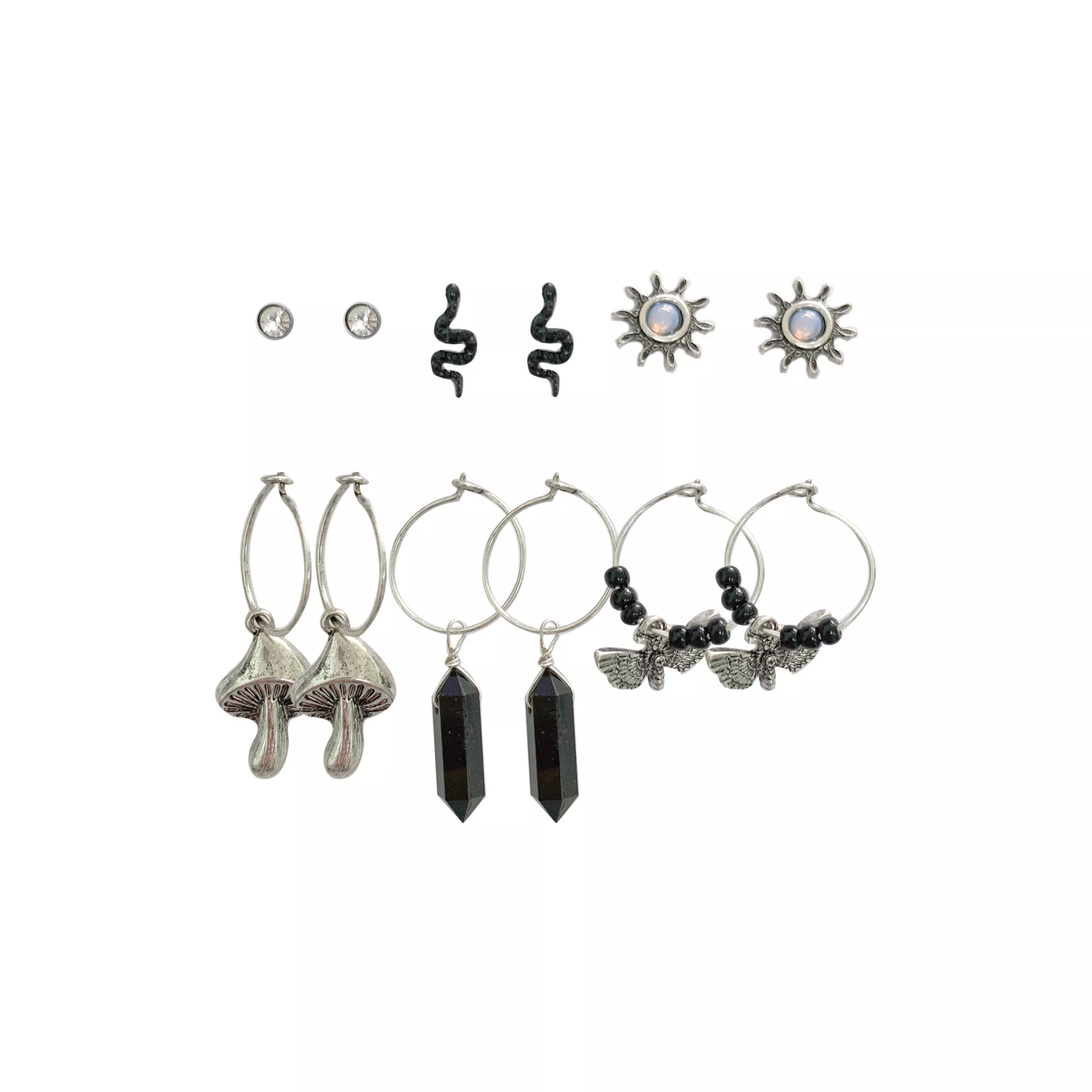 Multi Pack Mushroom Moth Crystal Sun Hoop Dangle and Stud Earrings - 6 Pair at Spencer's