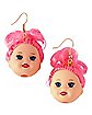 Pink Hair Doll Head Dangle Earrings