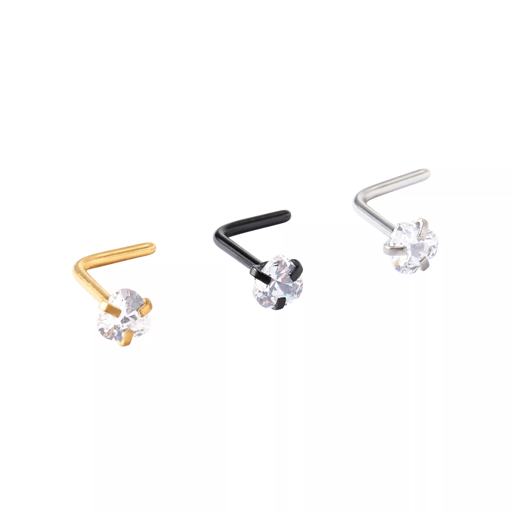 Multi-Pack Assorted CZ Pronged L-Bend Nose Rings 3 Pack - 20 Gauge at Spencer's