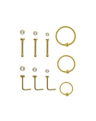 Multi-Pack Goldtone CZ Nose Rings 9 Pack - 22 Gauge