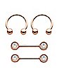 Multi-Pack CZ Opal-Effect Rose Gold Plated Nipple Barbells and Horseshoe Rings 4 Pack - 14 Gauge