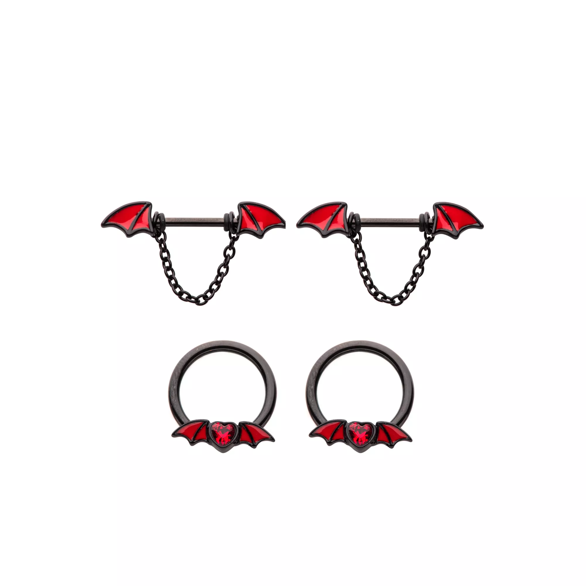 Multi-Pack Black Bat Dangle Nipple Barbells 2 Pair - 14 Gauge