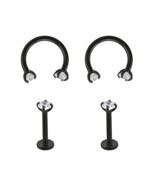 Multi-Pack CZ Black Horseshoe and Labret Lip Rings 4 Pack - 16 Gauge
