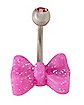 CZ Pink Bow Banana Belly Ring - 14 Gauge