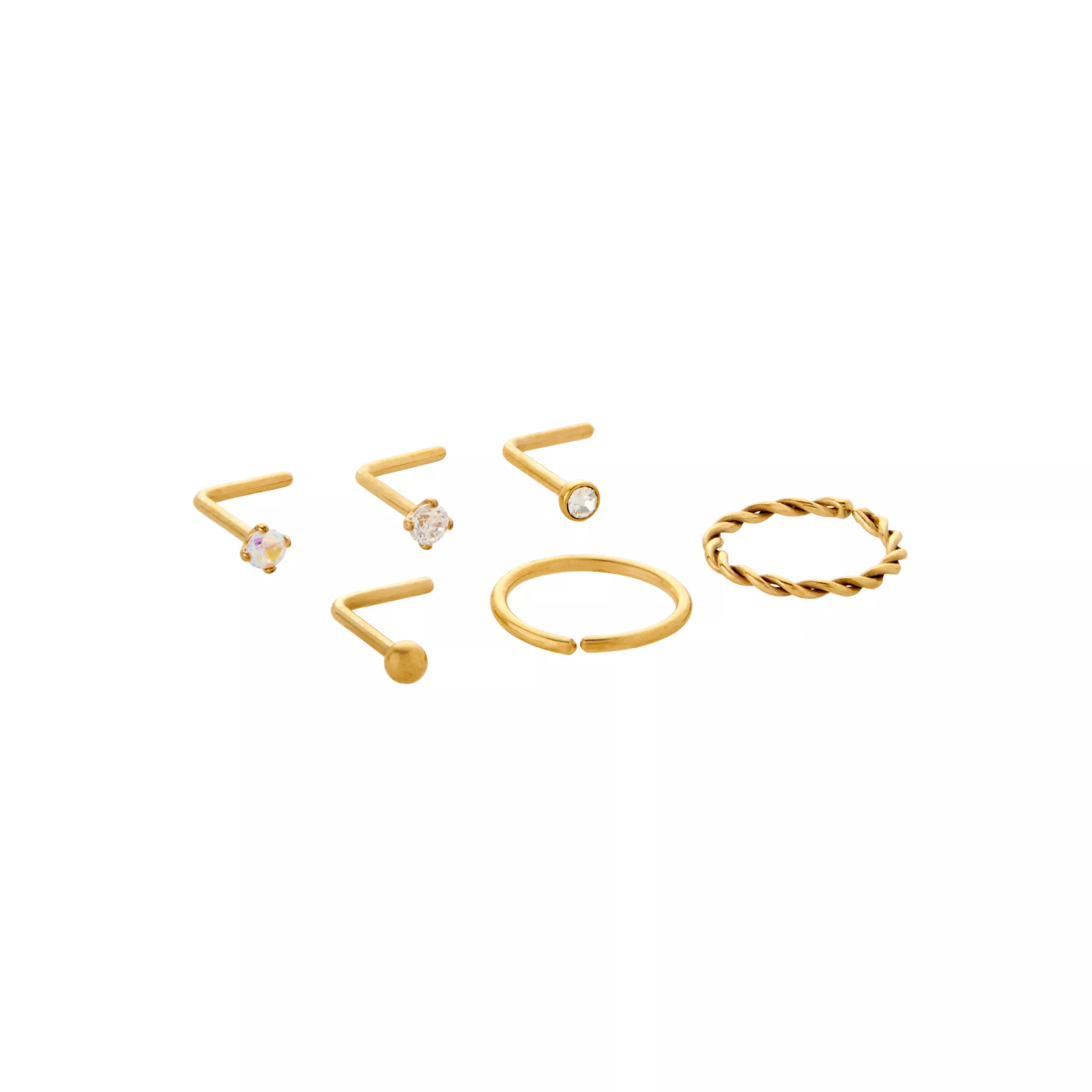 Multi-Pack CZ Titanium Goldplated Hoops and L-Bend Nose Rings 6 Pack - 20 Gauge
