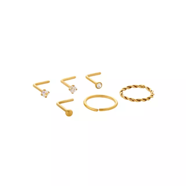 Multi-Pack CZ Titanium Goldplated Hoops and L-Bend Nose Rings 6 Pack - 20 Gauge