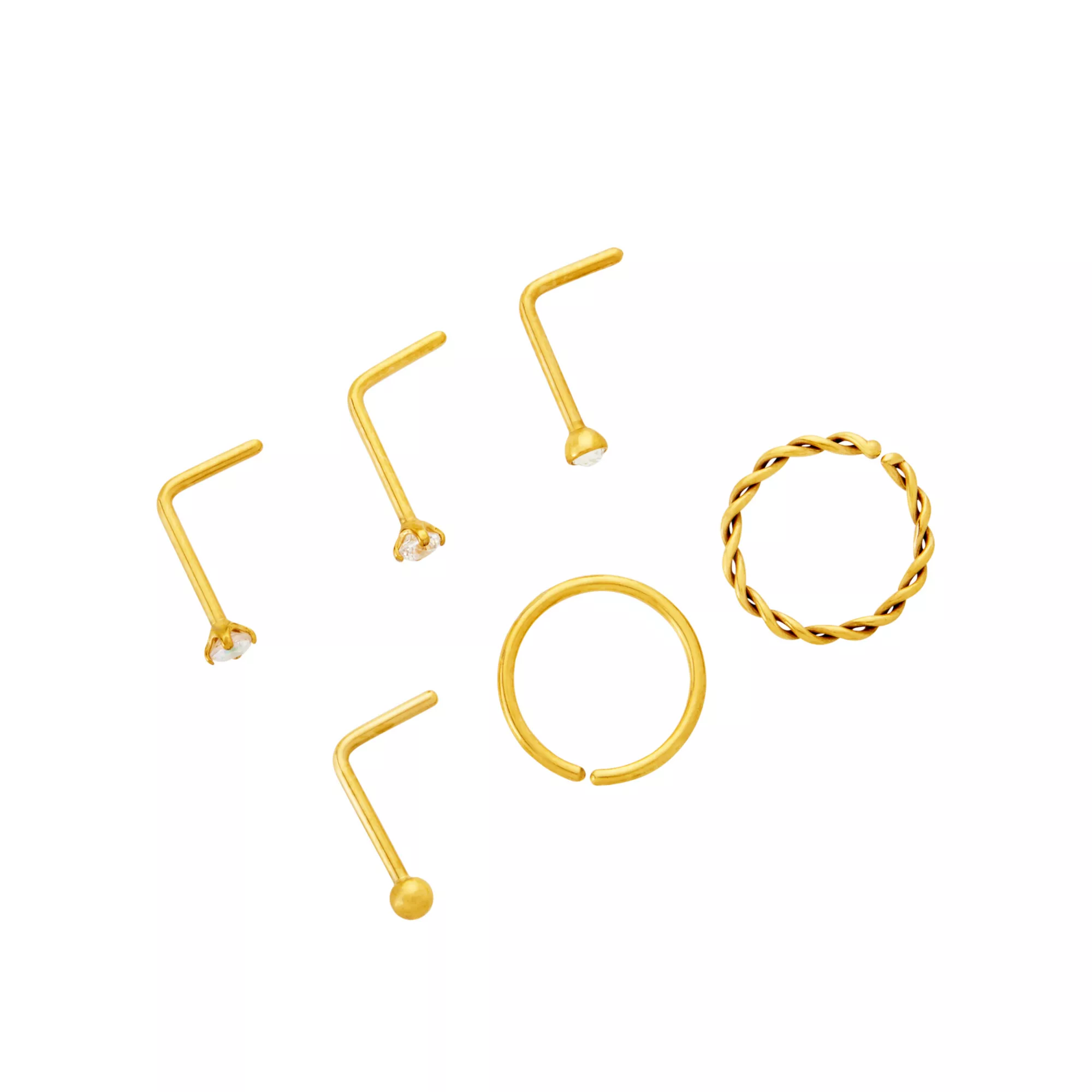 Multi-Pack CZ Titanium Goldplated Hoops and L-Bend Nose Rings 6 Pack - 20 Gauge at Spencer's
