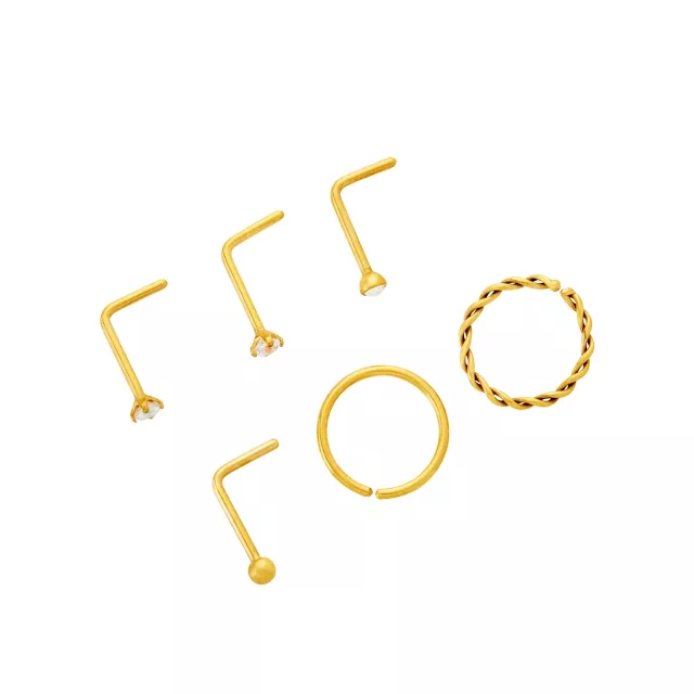 Multi-Pack CZ Titanium Goldplated Hoops and L-Bend Nose Rings 6 Pack - 20 Gauge