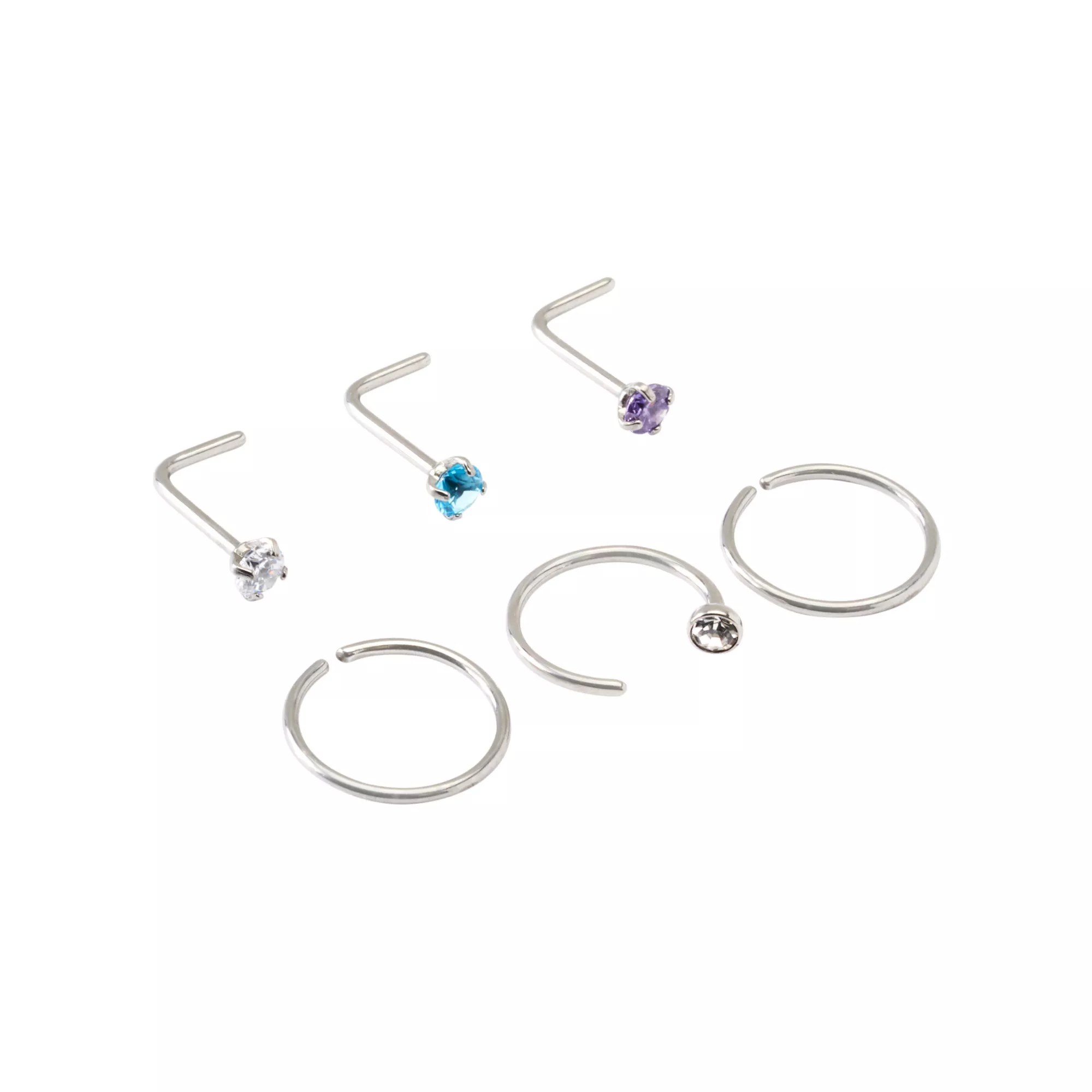 Multi-Pack CZ Silverplated L-Bend and Hoop Nose Rings 6 Pack - 20 Gauge at Spencer's