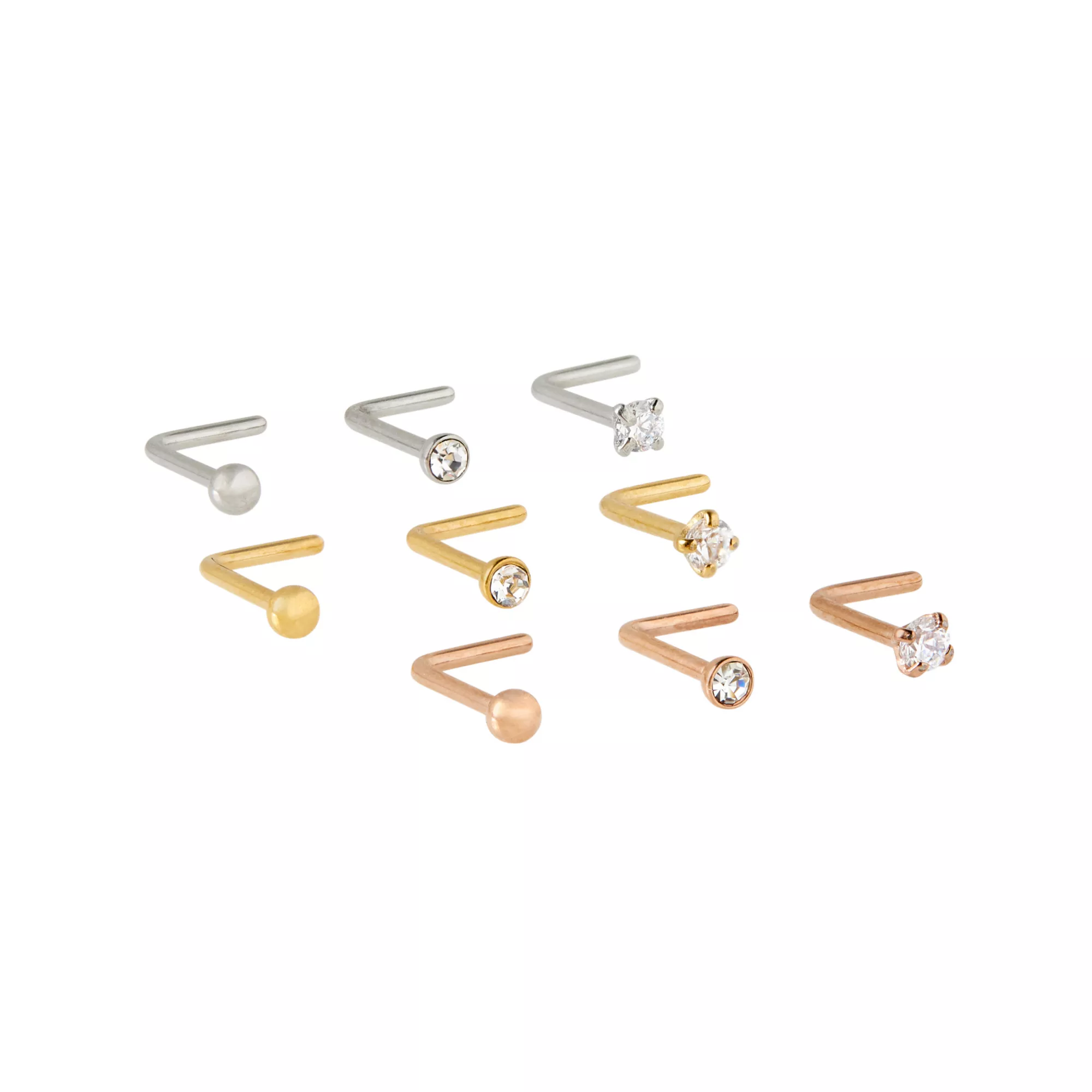 Multi-Pack CZ Silvertone Goldtone and Rose Goldtone L-Bend Nose Rings 9 Pack - 20 Gauge at Spencer's