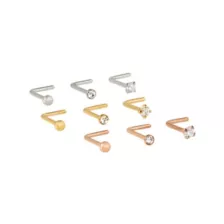 Multi-Pack CZ Silvertone Goldtone and Rose Goldtone L-Bend Nose Rings 9 Pack - 20 Gauge at Spencer's