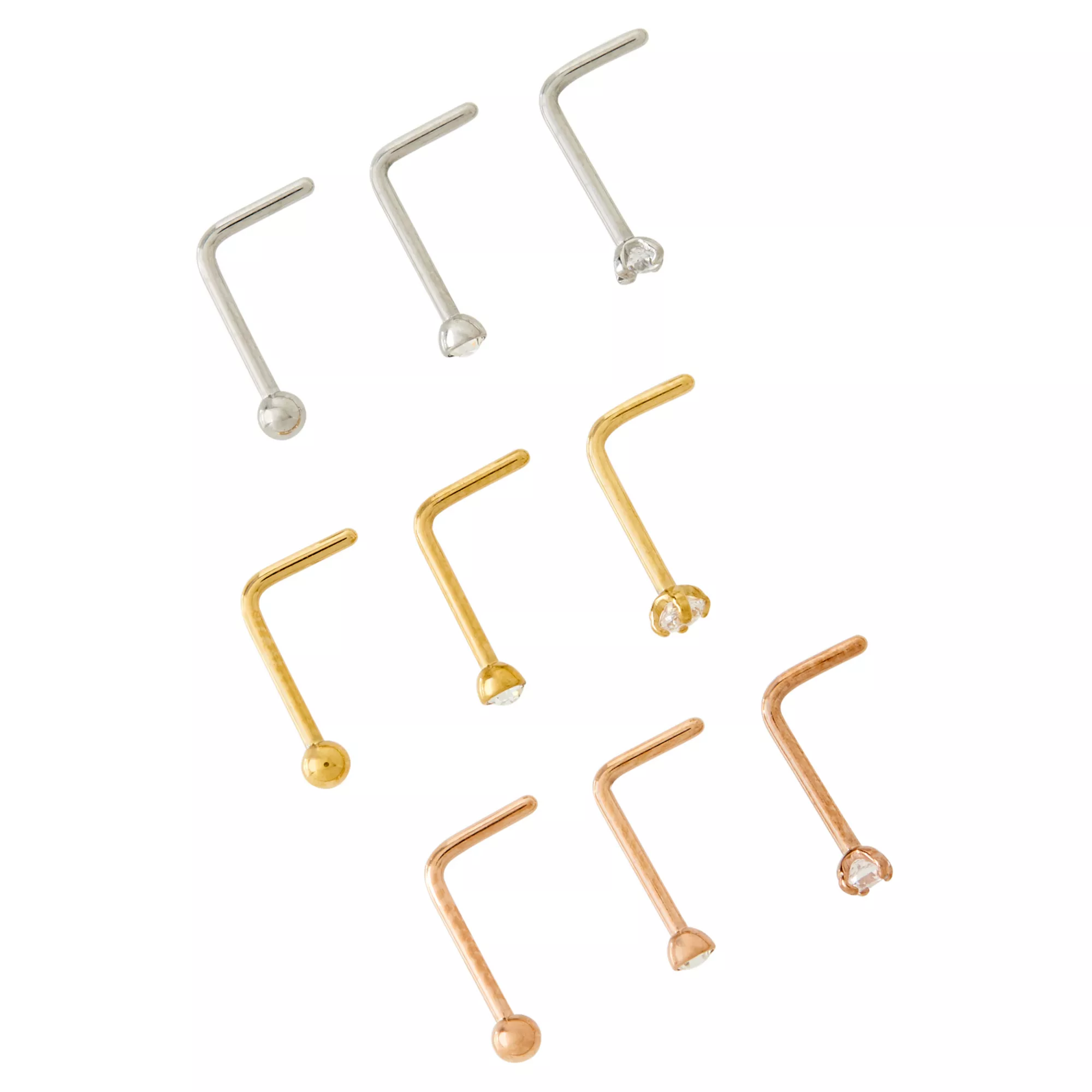 Multi-Pack CZ Silvertone Goldtone and Rose Goldtone L-Bend Nose Rings 9 Pack - 20 Gauge at Spencer's
