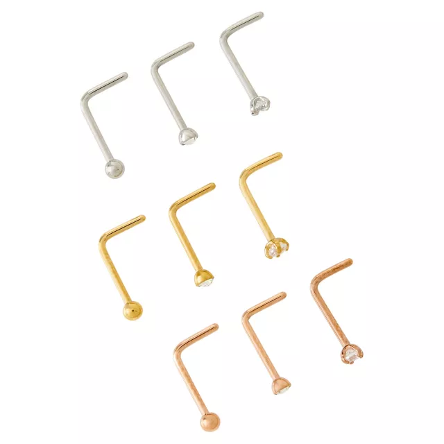 Multi-Pack CZ Silvertone Goldtone and Rose Goldtone L-Bend Nose Rings 9 Pack - 20 Gauge at Spencer's
