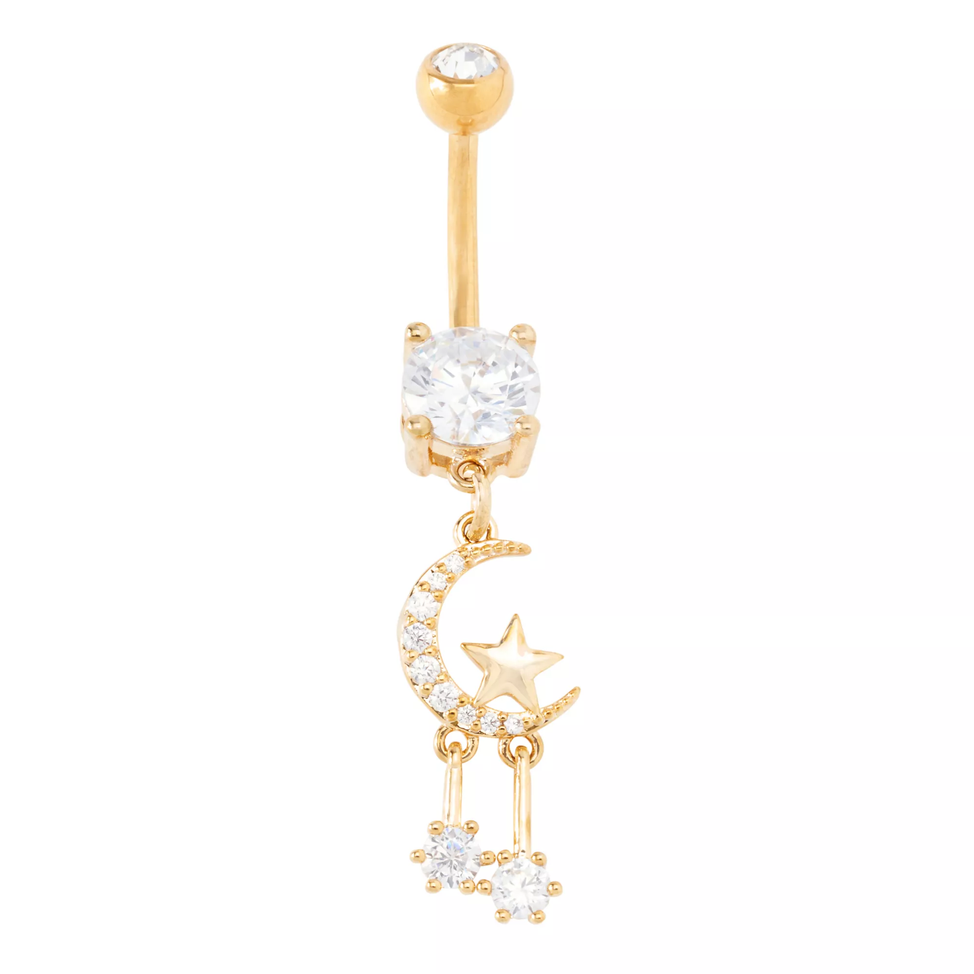CZ Goldtone Moon and Star Dangle Belly Ring - 14 Gauge at Spencer's