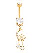 CZ Goldtone Moon and Star Dangle Belly Ring - 14 Gauge