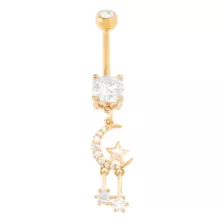CZ Goldtone Moon and Star Dangle Belly Ring - 14 Gauge at Spencer's