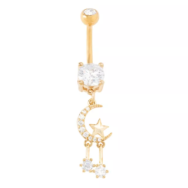 CZ Goldtone Moon and Star Dangle Belly Ring - 14 Gauge at Spencer's