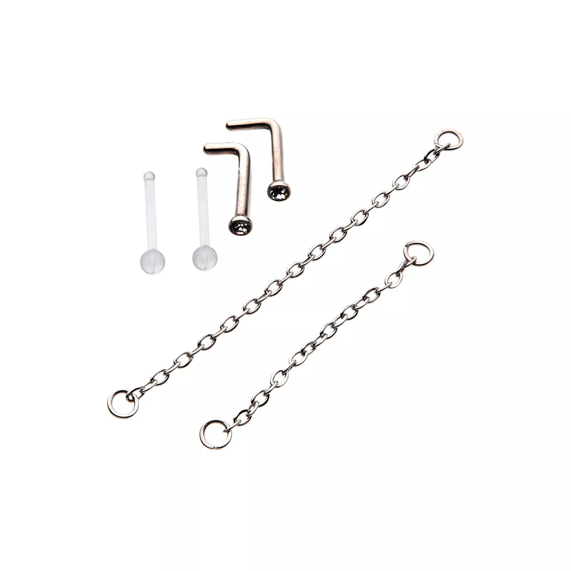 Multi-Pack CZ L-Bend Nose Rings and Nose Chains 2 Pair - 18 Gauge