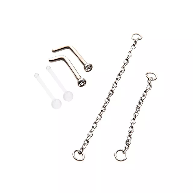 Multi-Pack CZ L-Bend Nose Rings and Nose Chains 2 Pair - 18 Gauge