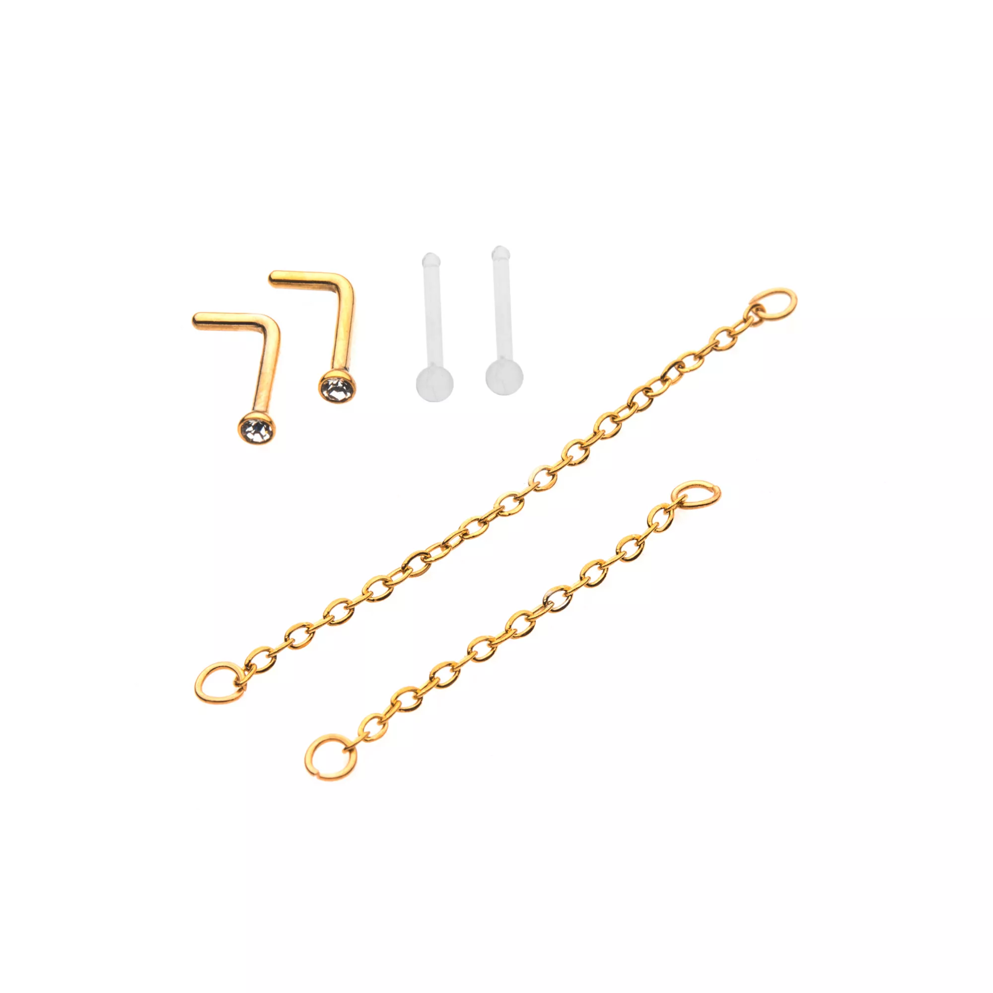 Multi-Pack CZ Goldplated L-Bend Nose Rings and Nose Chains 2 Pair - 18 Gauge at Spencer's