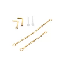 Multi-Pack CZ Goldplated L-Bend Nose Rings and Nose Chains 2 Pair - 18 Gauge at Spencer's