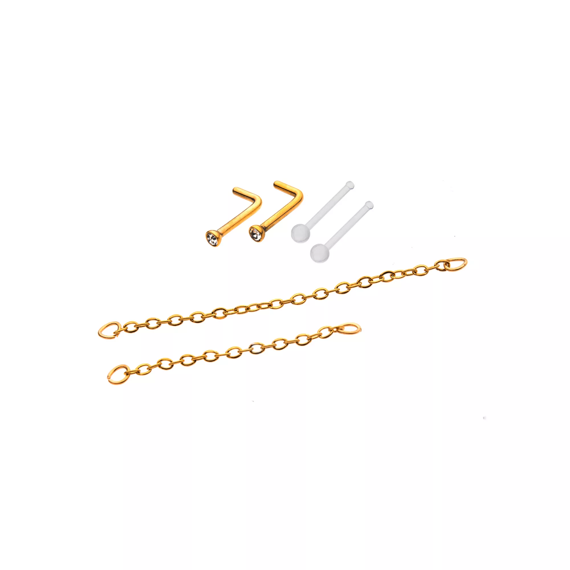 Multi-Pack CZ Goldplated L-Bend Nose Rings and Nose Chains 2 Pair - 18 Gauge at Spencer's