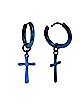 Blue Cross Dangle Huggie Hoop Earrings - 18 Gauge