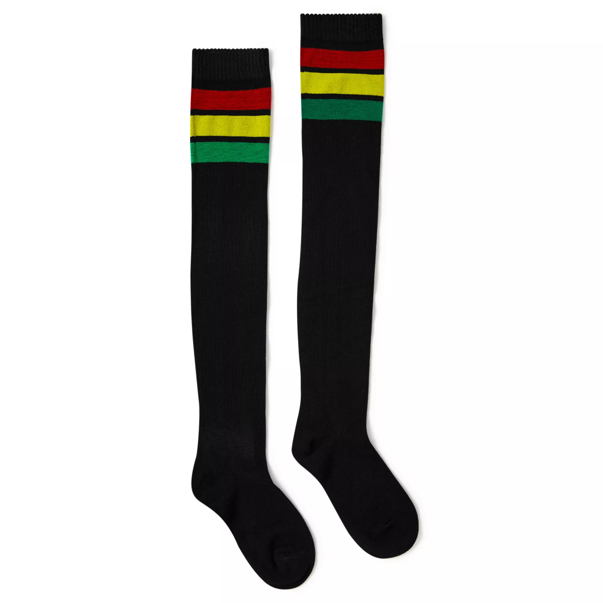 Black Red Yellow Green Stripe Over the Knee Socks at Spencer's