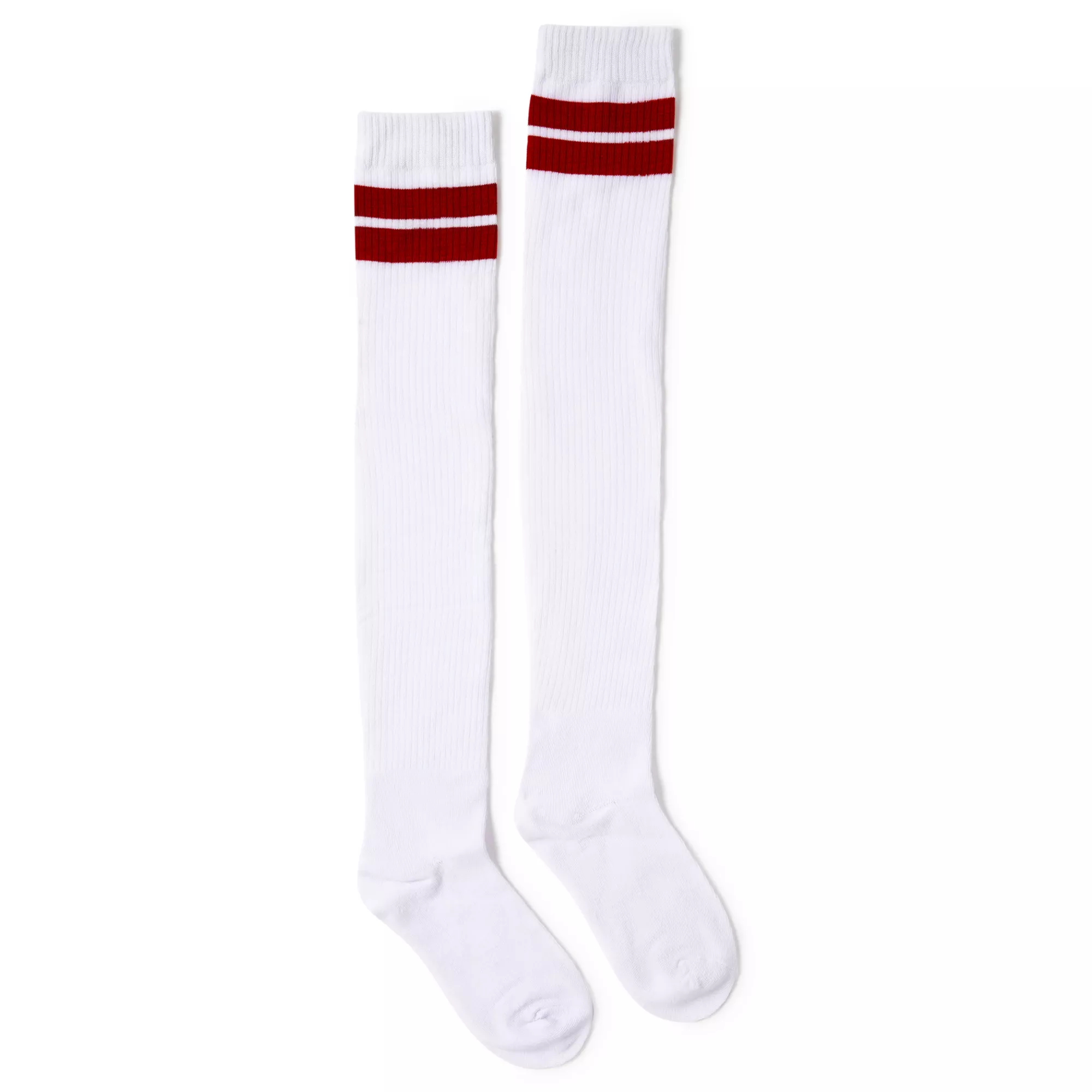 White With Red Stripe Over The Knee Socks at Spencer's