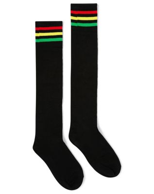 Red Yellow and Green Stripe Black Knee High Socks - Spencer's