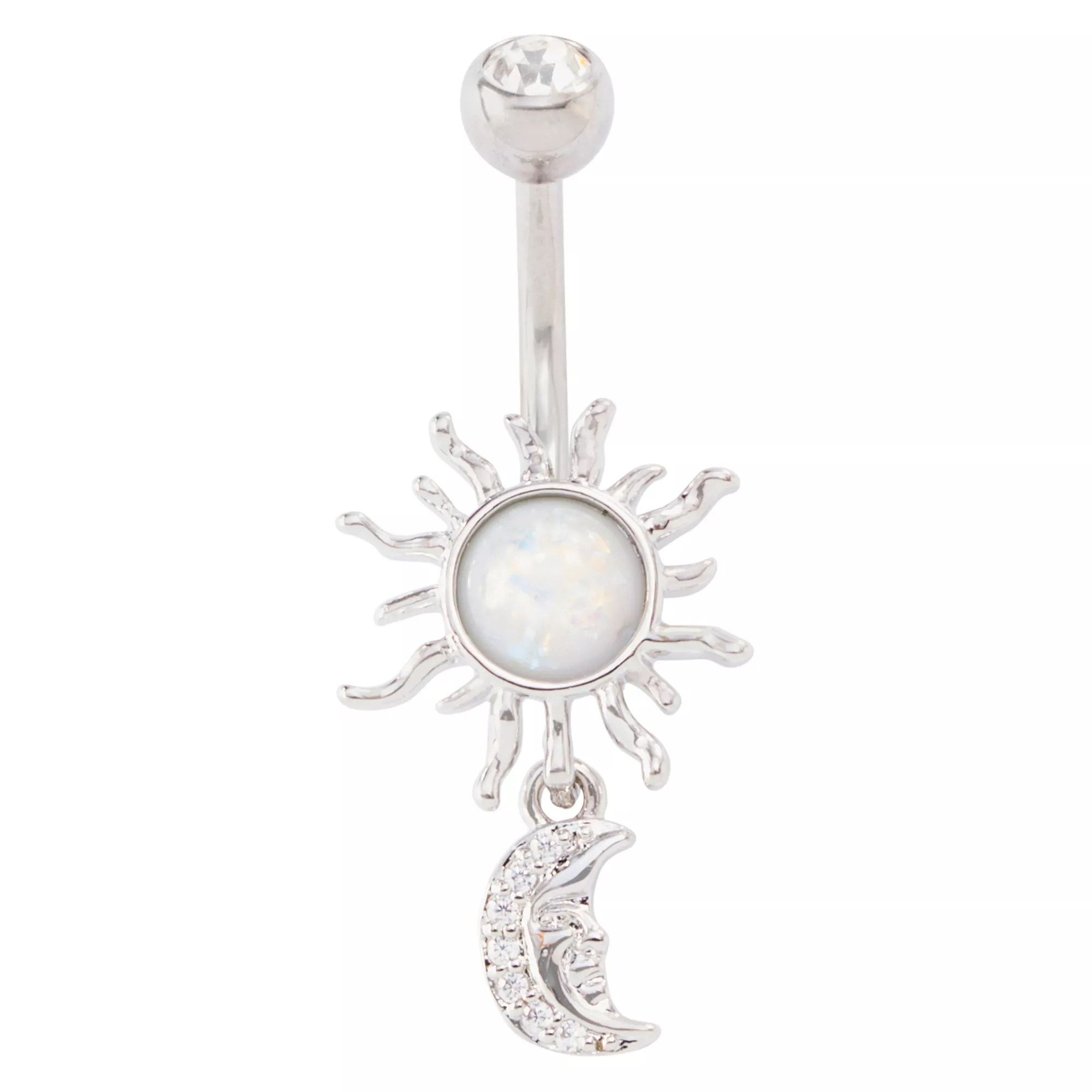 CZ Opal-Effect Sun Moon Dangle Belly Ring - 14 Gauge at Spencer's