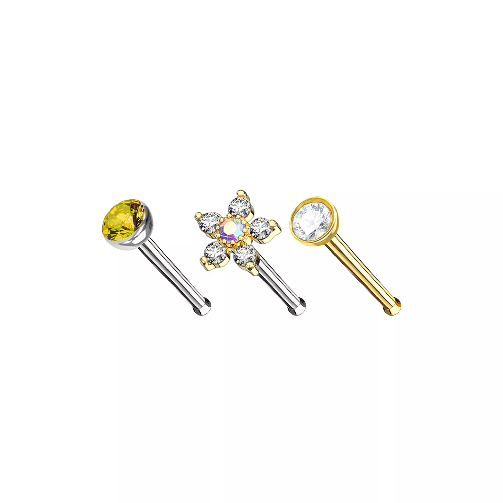 Multi-Pack CZ Flower and Aurora Borealis Effect Bone Nose Rings 3 Pack - 20 Gauge at Spencer's