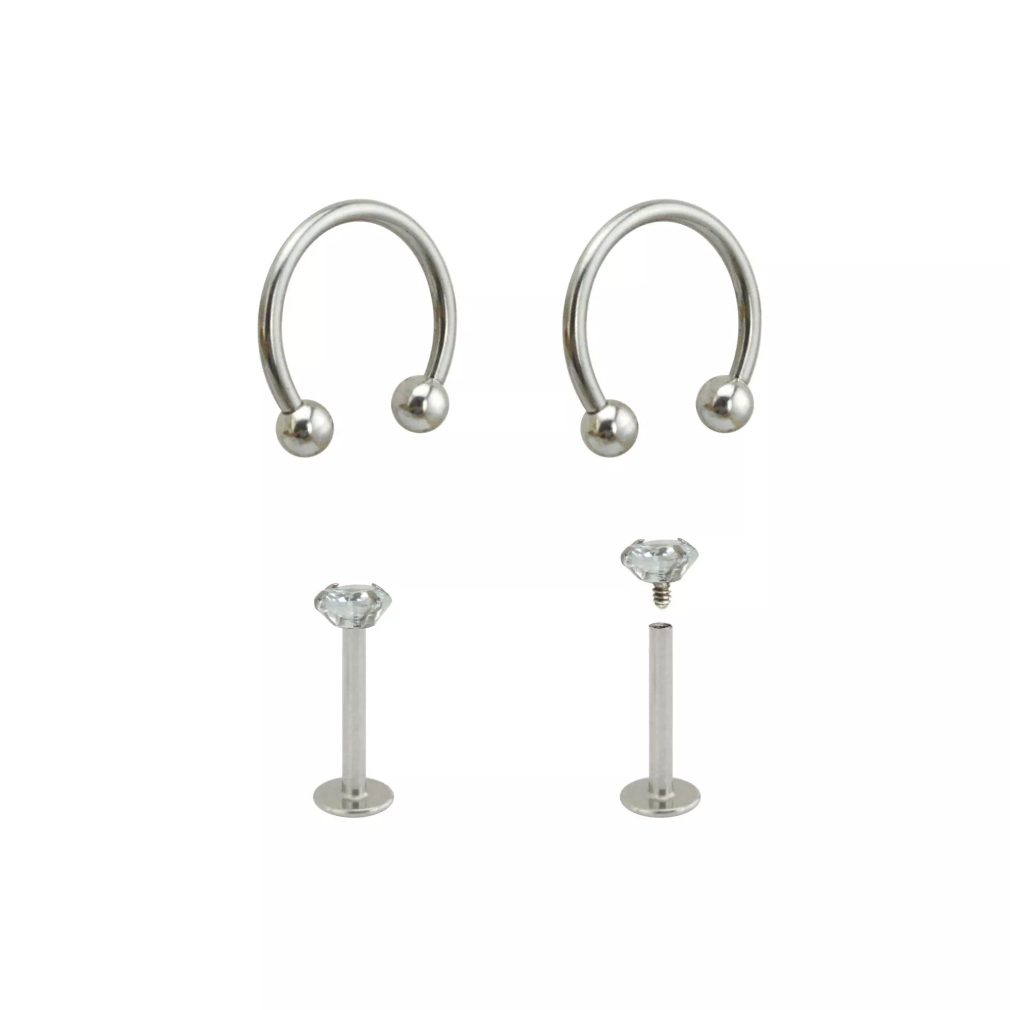 Multi-Pack CZ Horseshoe Rings and Labret Lip Rings 4 Pack - 16 Gauge at Spencer's