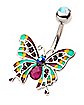 CZ Aurora Borealis Effect Rainbow Butterfly Belly Ring - 14 Gauge